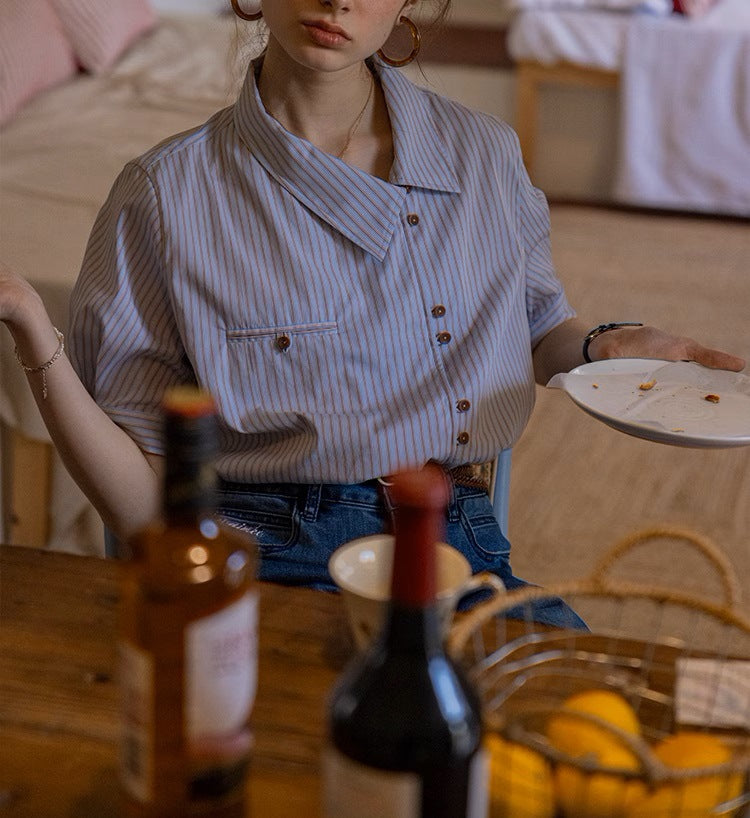 Blend Stripe Placket Collar Short Sleeve Design Shirt