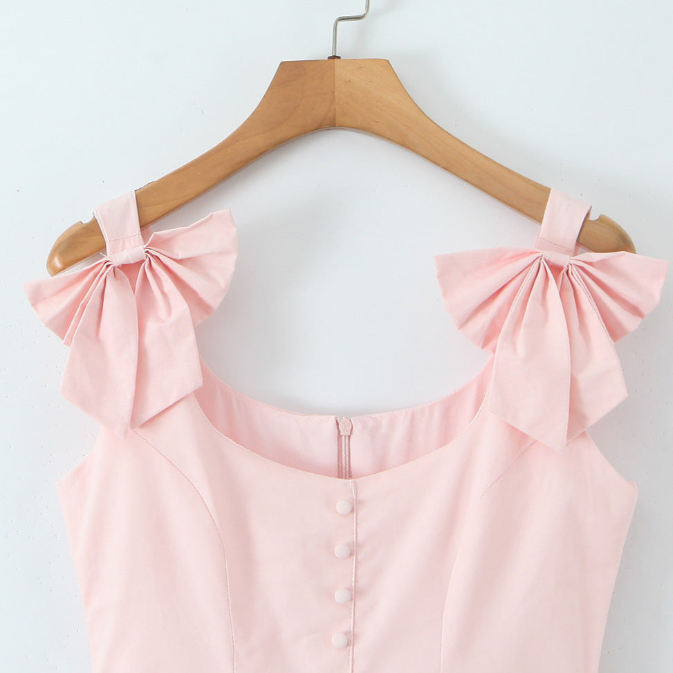 Flowering Girl Women Bow Strap Lace Trim Mini Skater Dress