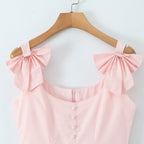 Flowering Girl Women Bow Strap Lace Trim Mini Skater Dress