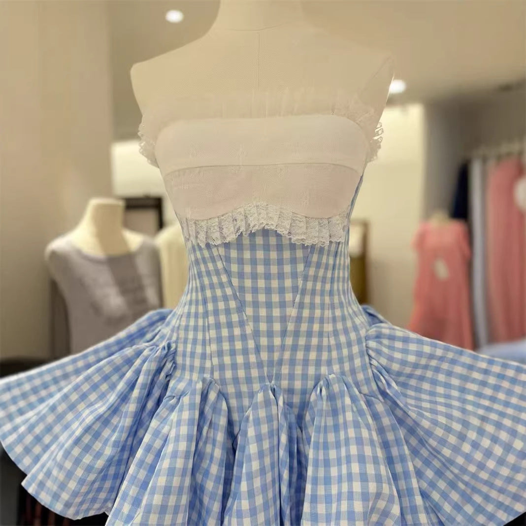 Flowering Girl Women stephanie plaid strapless puffy mini dress - blue
