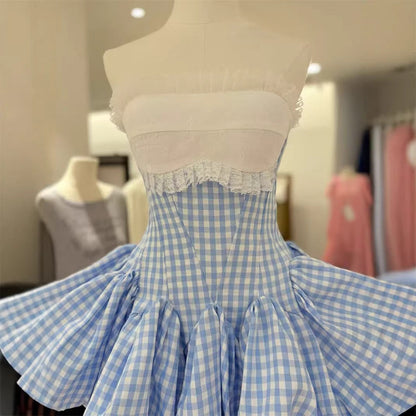 stephanie plaid strapless puffy mini dress - blue