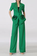 Flowering Girl Women Green Flower Embellished Blazer With Wide-Leg Trousers Set
