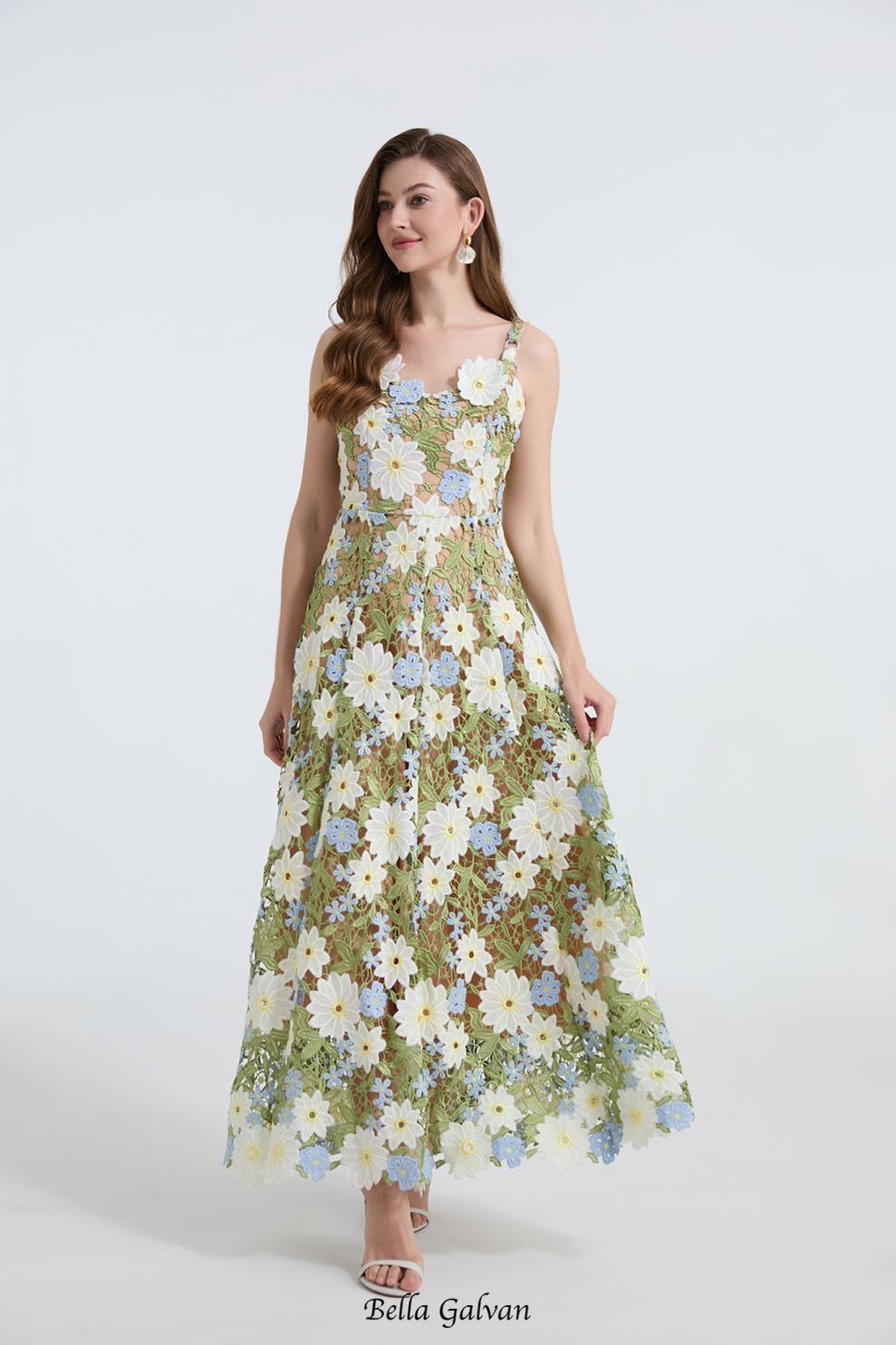 Flowering Girl Women celeste floral hollow stitching maxi dress in green