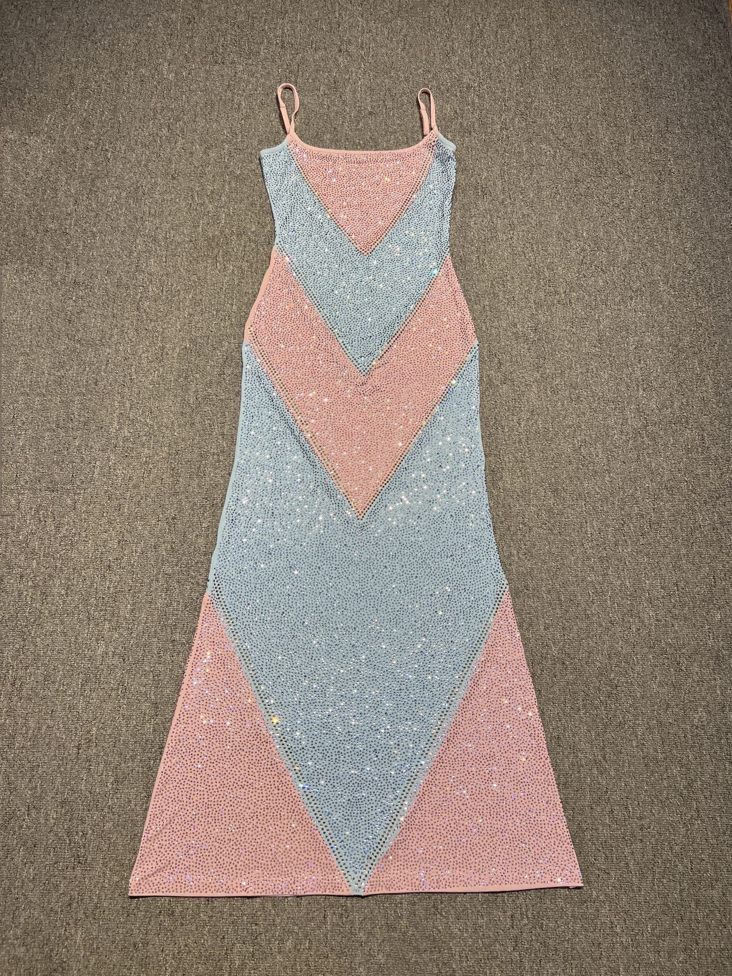 simona fully rhinestoned bodycon maxi dress - blue & pink