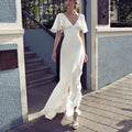 White Irregular V-Neck Backless Flared Sleeves Satin Dress