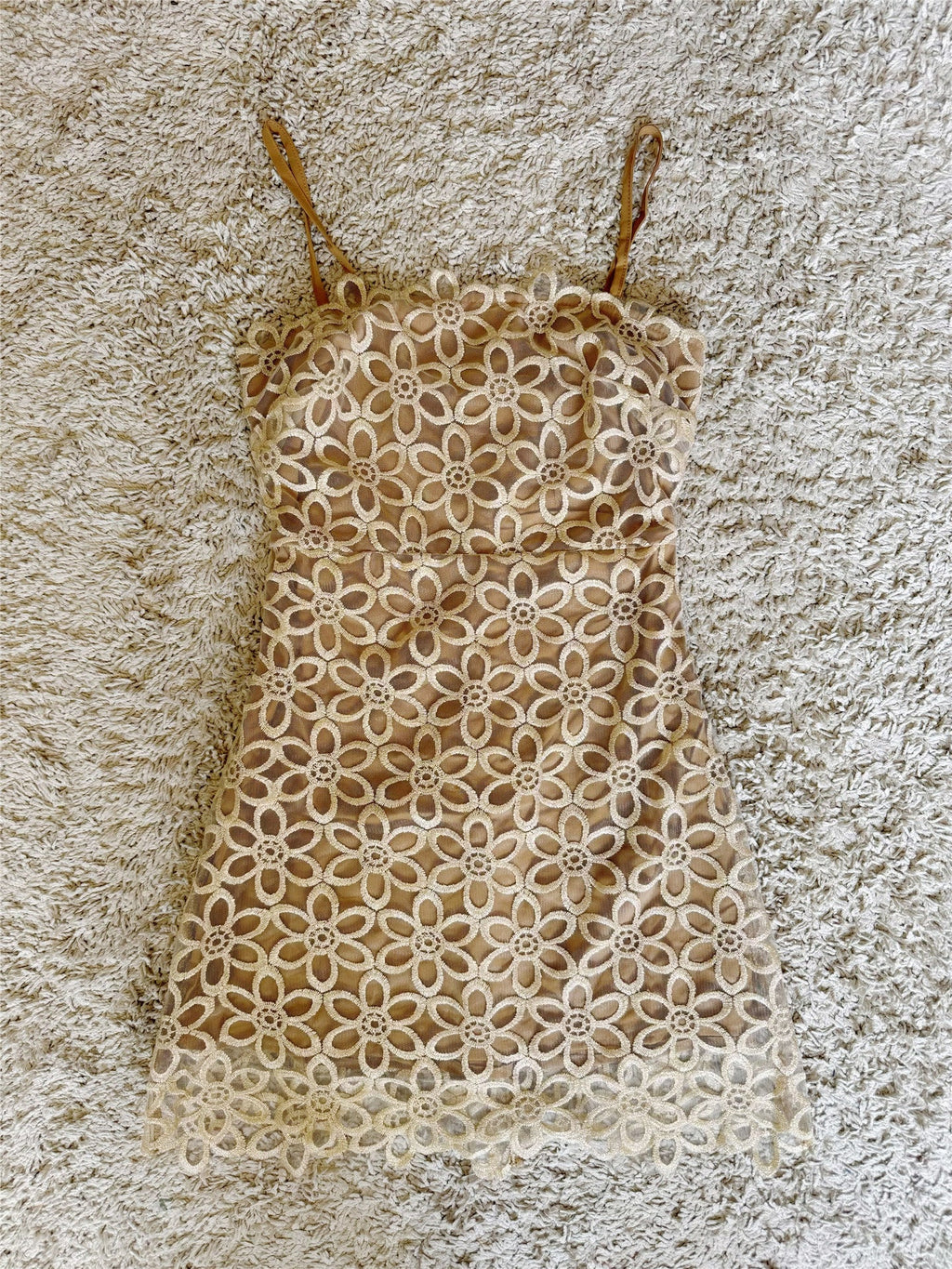gold thread floral mesh cut-out embroidery waist camisole dress