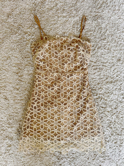 gold thread floral mesh cut-out embroidery waist camisole dress