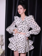 Flowering Girl Women Black-White Polka Dot Ruffled Long-Sleeved Top With Puffy Skirt