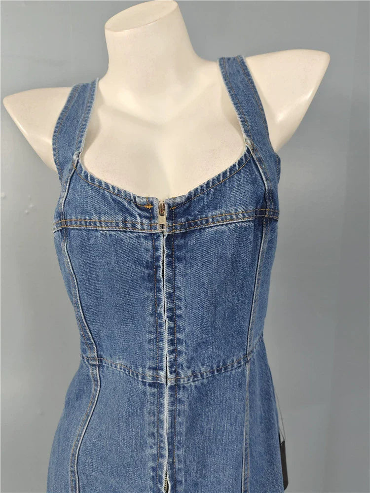 Denim Suspender Square Neck Slim Mini Dress