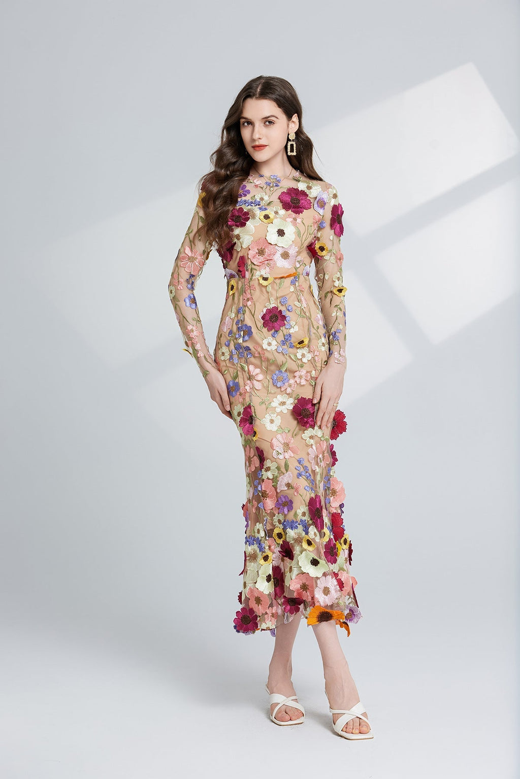 Flowering Girl Women CAROL brown FLORAL EMBROIDERY MESH LONG SLEEVE MIDI DRESS