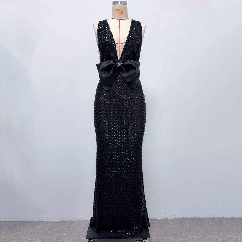 Flowering Girl Women Rebecca Bow Sequin Embellished v Neck Maxi Dress In Black