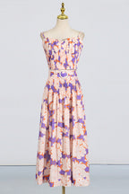 Pleated floral-print linen bustier top skirt set in blue