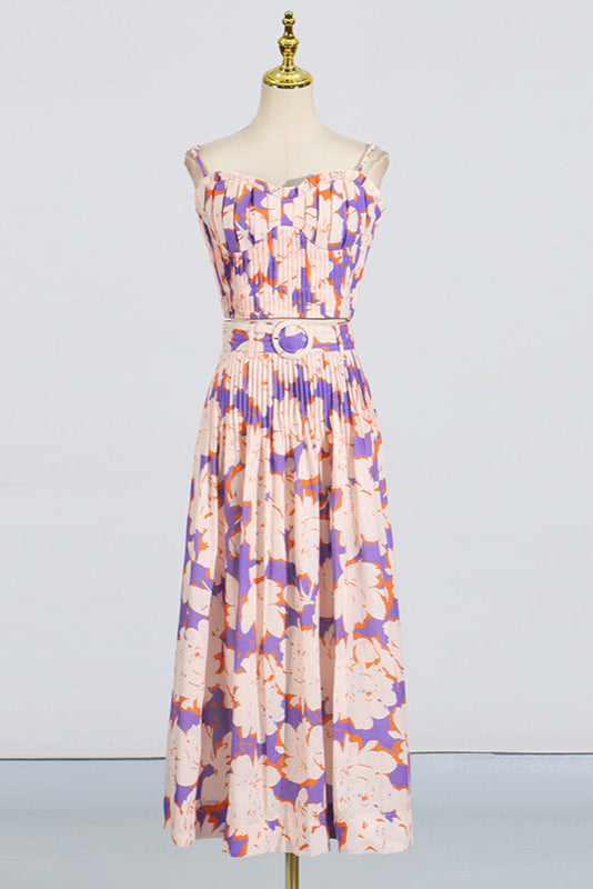 Pleated floral-print linen bustier top skirt set in blue