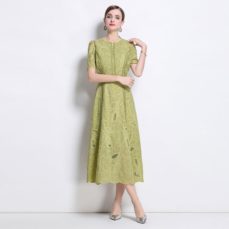 Flowering Girl Women dana hollow embroidery lace midi dress in green