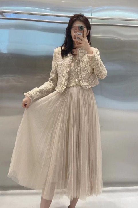 Beige Sleeveless Tulle Midi Dress
