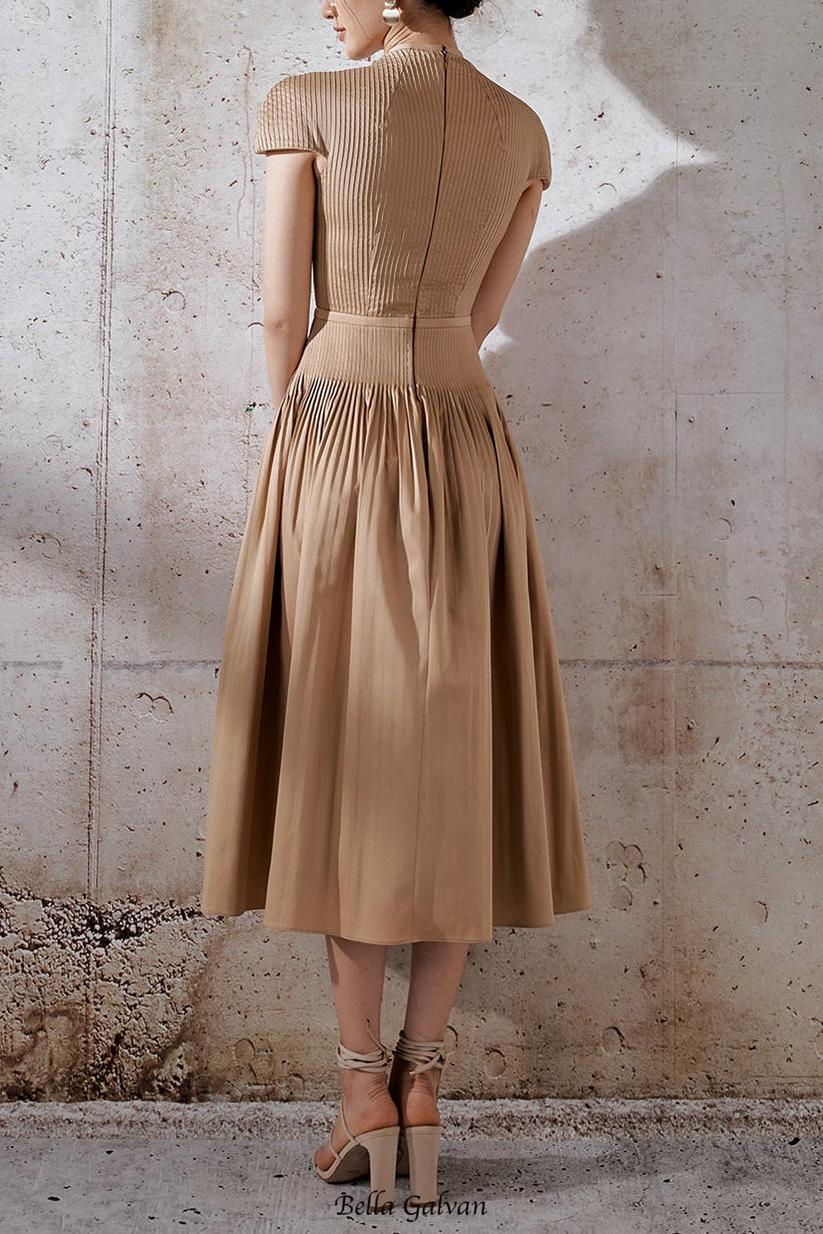 emily v-neck Pleated midi dress in khaki
