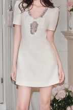 Flowering Girl Women V-Neck Diamond Chain Bow Mini Dress In Ivory