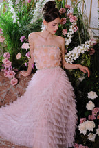 Pink Princess layer ruffle midi floral Embroidery strapless Dress