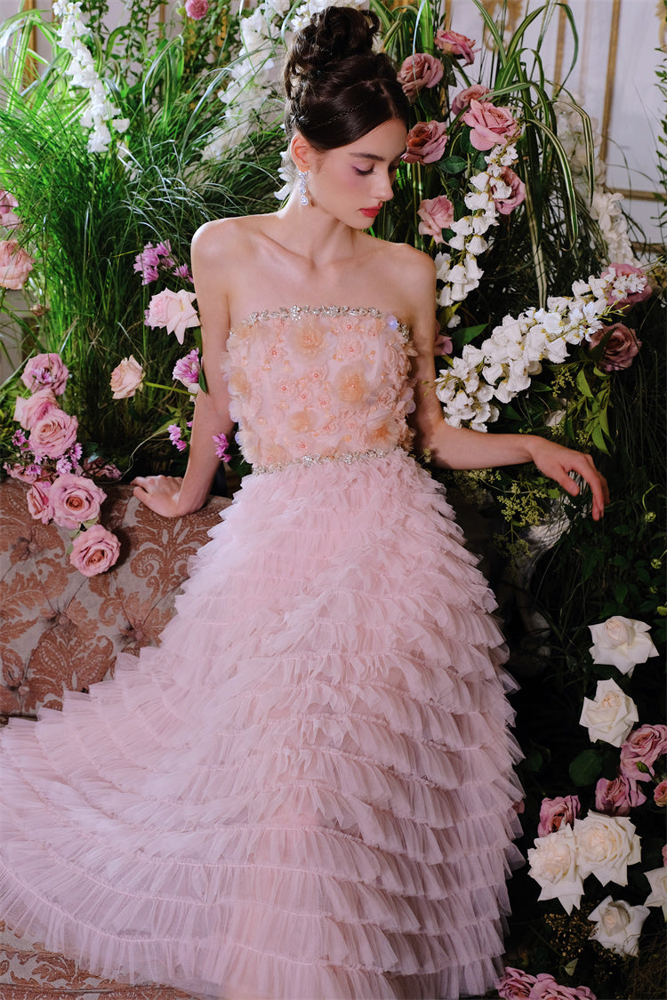 Pink Princess Layer Ruffle Midi Floral Embroidery Strapless Dress
