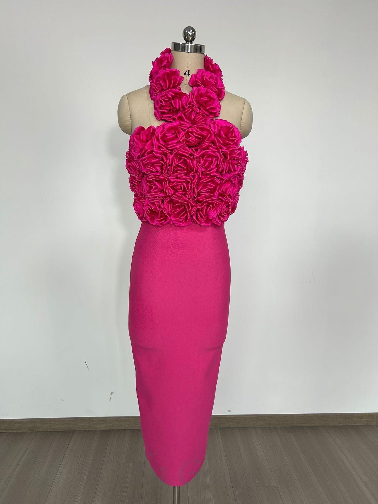 Flowering Girl Women flower bandage midi dress in hot pink