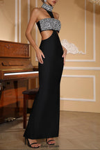 gwendolyn crystal halter cut out maxi dress in black