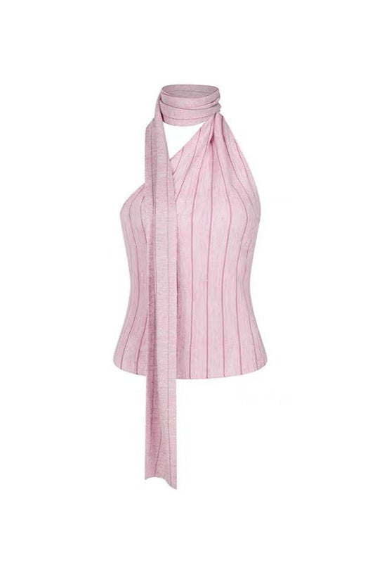 Striped Halterneck Sleeveless Vest In Pink
