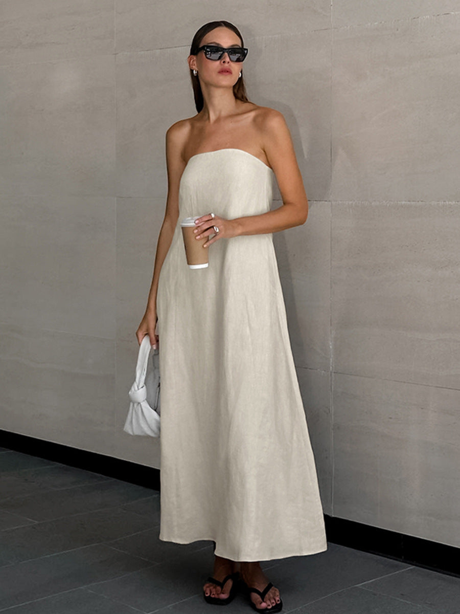 Flowering Girl Women cotton linen strapless A-line midi dress