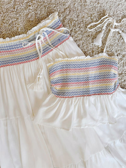 Tie Tassel Strap Smocked Tiered Maxi Skirt Two-Piece Set