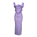hermosa pearl embellished square neck ruffle bodycon maxi dress - purple