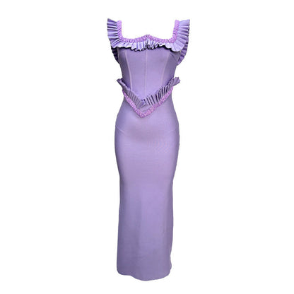 hermosa pearl embellished square neck ruffle bodycon maxi dress - purple