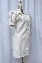 Flowering Girl Women White Lapel Collar Leather Puff Sleeves Mini Dress