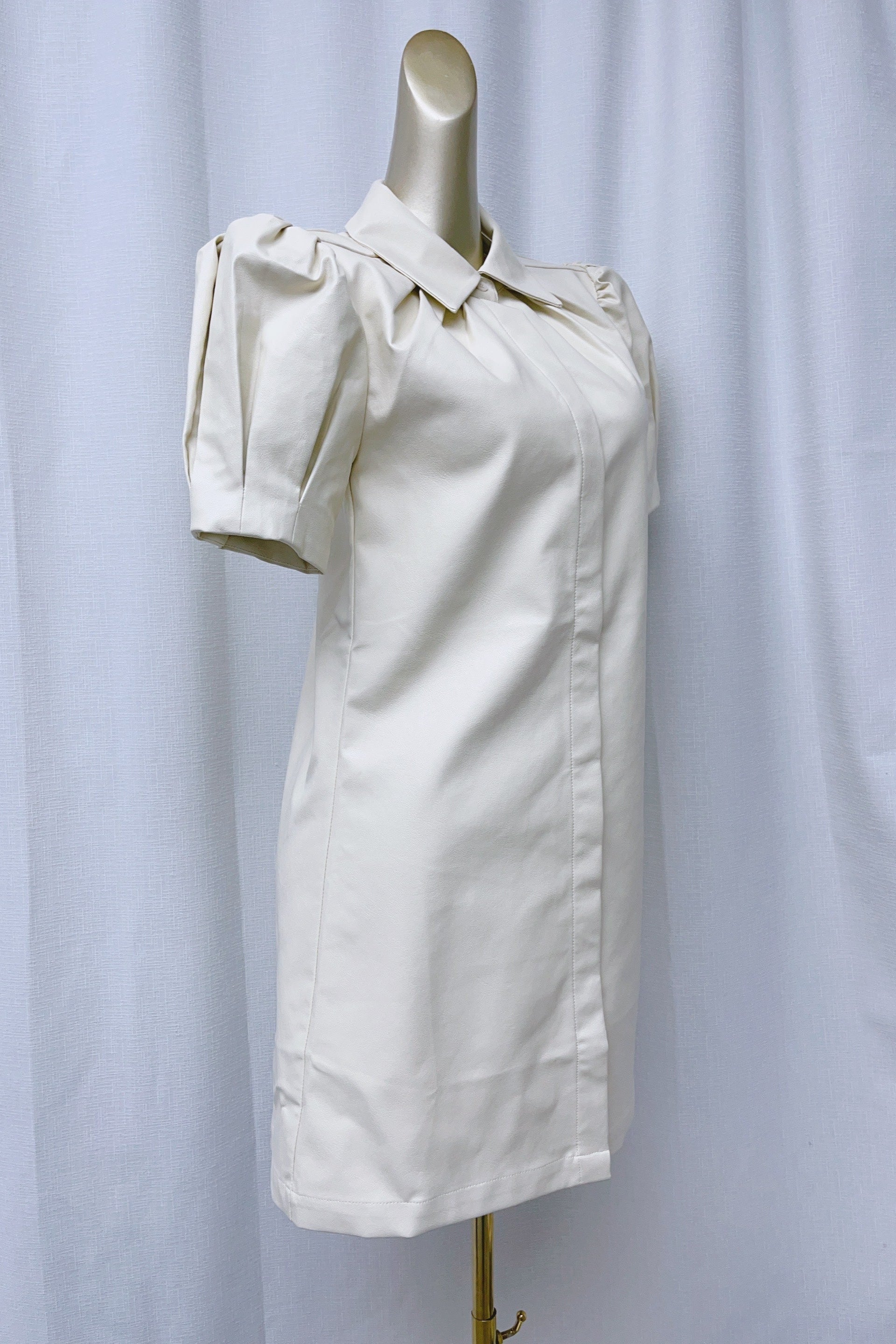 Flowering Girl Women White Lapel Collar Leather Puff Sleeves Mini Dress