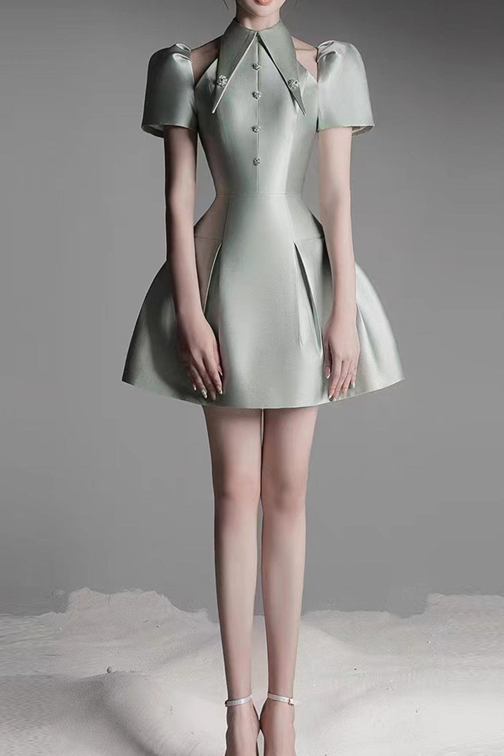 Flowering Girl Women puff sleeve cut out a-line mini dress in green