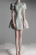 Flowering Girl Women puff sleeve cut out a-line mini dress in green