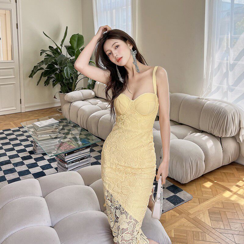 Dolores Openwork Lace Strappy Asymmetrical Midi Dress- Yellow