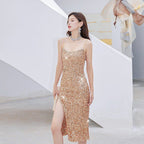 Frederica Sequin Strappy Midi Dress - Gold