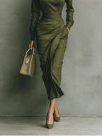 Flowering Girl Women green Long Skirt Shirt Collar Long Sleeve Pocket maxi Dress