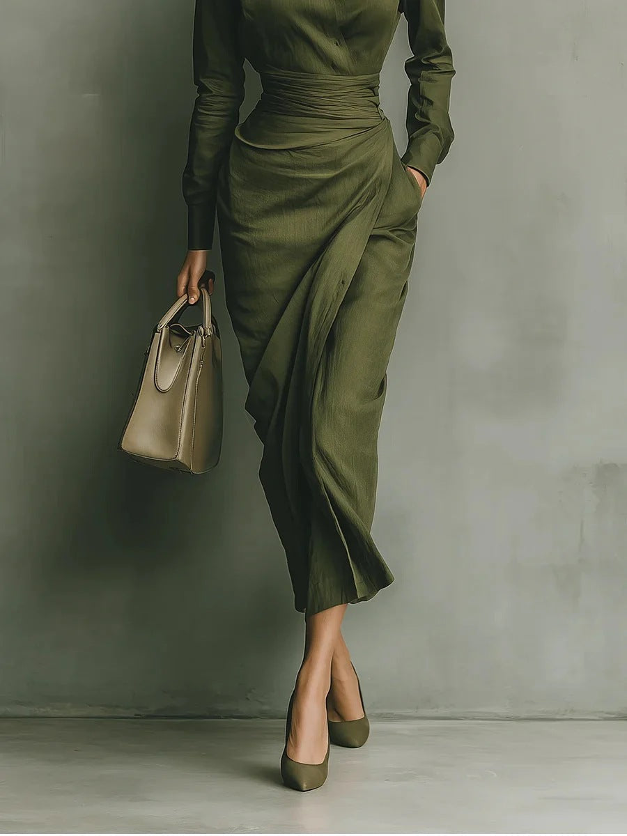 Flowering Girl Women green Long Skirt Shirt Collar Long Sleeve Pocket maxi Dress