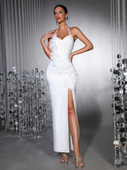 Flowering Girl Women Anila 3d Floral Halter High Slit Maxi Dress In White