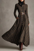 long sleeve printed lapel elastic cinched maxi dress