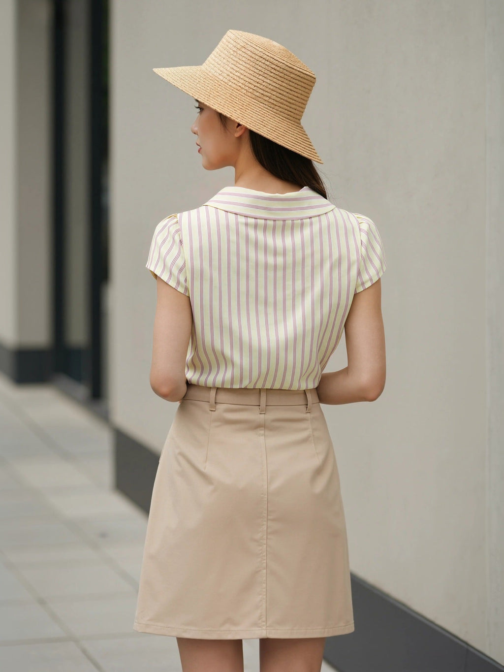 Flowering Girl Women pleated striped buttoned short sleeve shirt