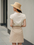 Flowering Girl Women pleated striped buttoned short sleeve shirt