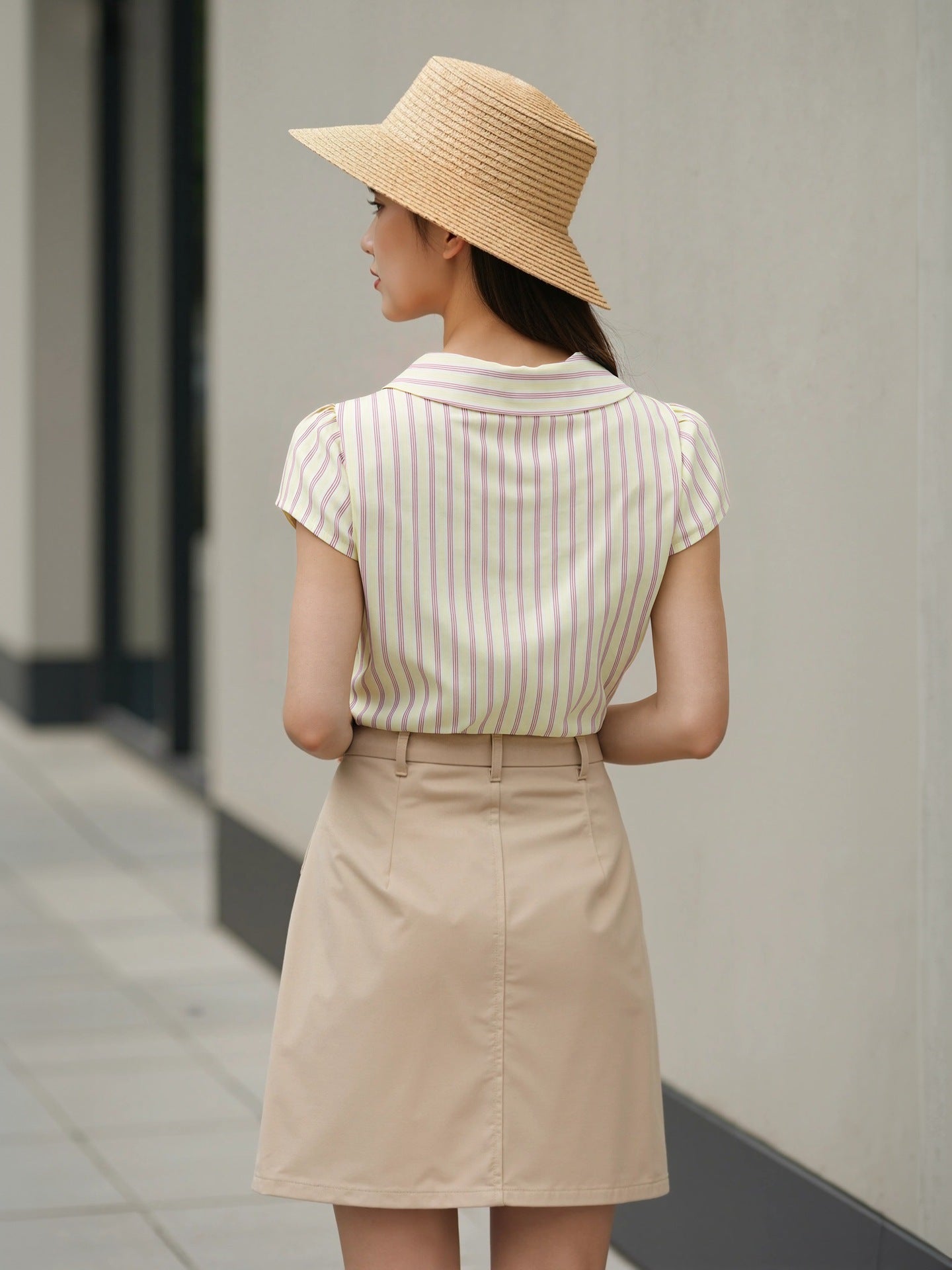 Flowering Girl Women pleated striped buttoned short sleeve shirt