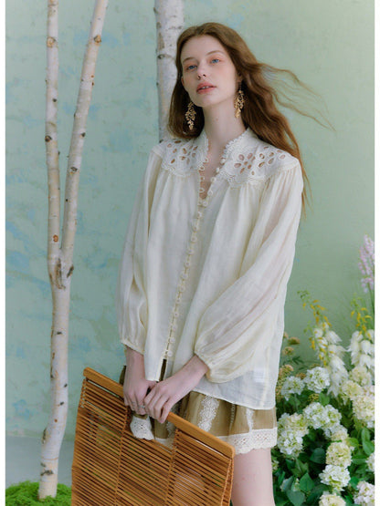 beige hollow embroidered lantern sleeve stand-collar ramie shirt