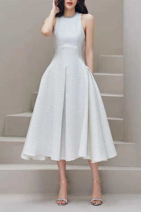 Ava Rhinestone Sleeveless Full Skirt Dress-White