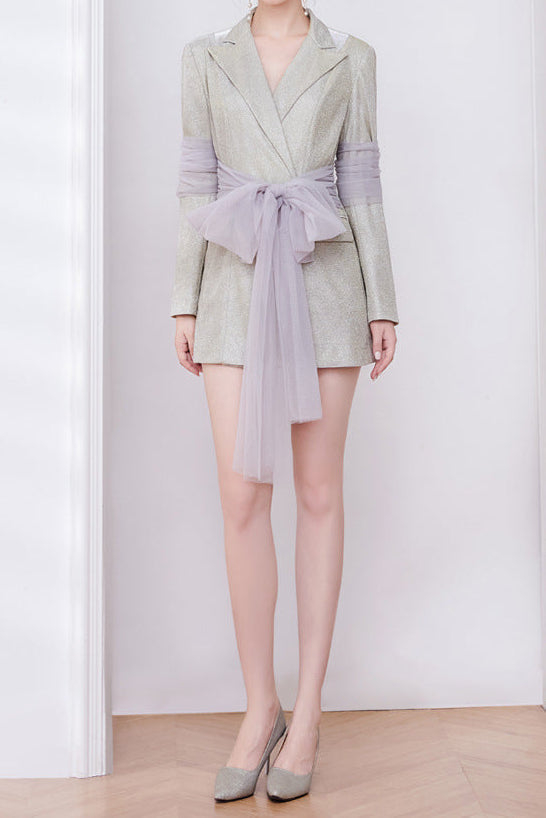 Janice Mesh Ribbon Glitter Blazer Dress In Champagne