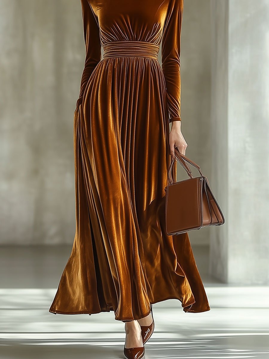 Gold Velvet Long-Sleeved Dress