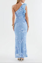 novia one-shoulder 3d flower embroidery bodycon maxi dress - blue