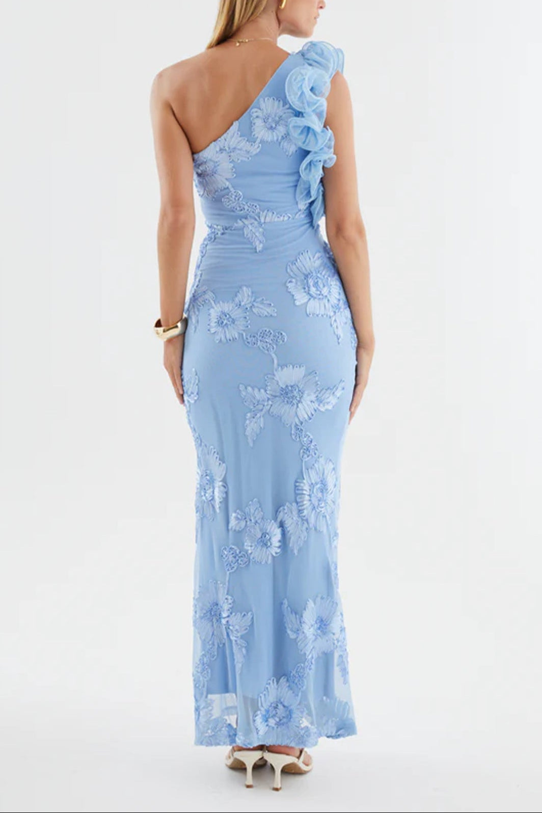 Novia One-Shoulder 3d Flower Embroidery Bodycon Maxi Dress - Blue