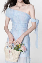 rosalind one-shoulder pleated slim maxi dress in blue